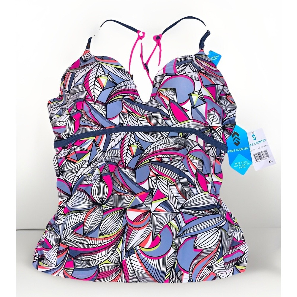 NWT Free Country Tankini Pink/Gray Mix Match Swimwear Adjustable Straps Size: XL